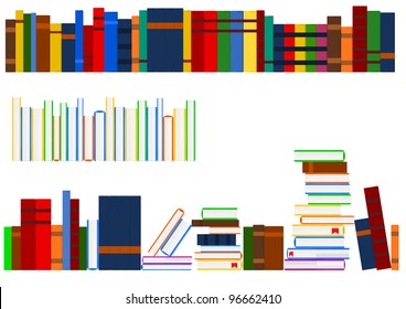 Vector image of several aligned rows of books in a shelf.