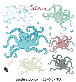 Vector image of several cartoon octopuses on a white background with the words OCTOPUS