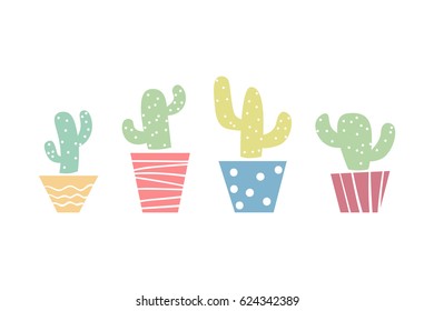 Vector image of several pastel colored cactus in pots.