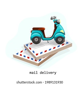 Vector image of several stacks of envelopes and a scooter standing on them with context. Concept. CARTOON STYLE. Delivery of letters. EPS 10