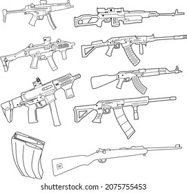 Vector Image Of Several Types Of Machine Guns.