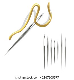 Vector image of a sewing needle with a thread in the eye and a set of needles of various sizes. Concept. EPS 10