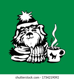 Vector image of a shaggy dog.  The dog has his mug for a cold Christmas evening.  In turn, the picture can decorate the mug of one who loves pets.