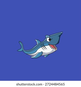 vector image of a shark in a cartoon style, on a solid dark blue background. Its face shows a more dynamic expression and an open mouth,sharp white teethh. 