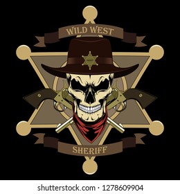 Vector image of a sheriff's skull in a hat, revolvers, sheriff's star on a black background.
