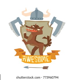 Vector image of a shield "Awesome" with a helmet, axes and with cartoon image of a funny brown heraldic wolf standing on hind legs and turn left on a white background. Coat of arms, heraldry, emblem. 