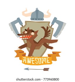 Vector image of a shield "Awesome" with a helmet, axes and with cartoon image of a funny brown heraldic wolf running somewhere and smiling on a white background. Coat of arms, heraldry, emblem. 