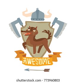 Vector image of a shield "Awesome" with a helmet, axes and with cartoon image of a funny brown heraldic wolf standing turn left on a white background. Coat of arms, heraldry, emblem. 