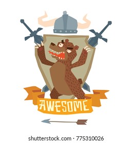 Vector image of a shield "Awesome" with a helmet, swords and with cartoon image of a funny brown heraldic bear standing on hind paws and growling on a white background. Coat of arms, heraldry, emblem.