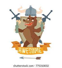 Vector image of a shield "Awesome" with a helmet, swords and with cartoon image of a funny brown heraldic bear with two bottles of beer in paws on a white background. Coat of arms, heraldry, emblem.