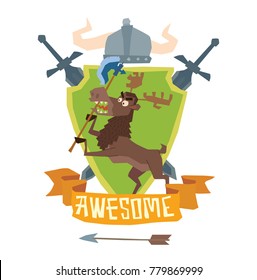 Vector image of a shield "Awesome" with a helmet, swords and with cartoon image of a funny brown heraldic moose standing with an axe in the hooves on a white background. Coat of arms, heraldry, emblem