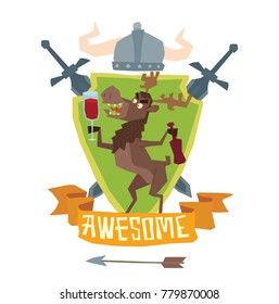 Vector image of a shield "Awesome" with a helmet, swords and with cartoon image of a funny brown heraldic moose with bottle and glass of wine in hooves on a white background. Coat of arms, emblem.