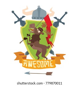 Vector image of a shield "Awesome" with a helmet, swords and with cartoon image of a funny brown heraldic moose standing with a red flag in hooves on a white background. Coat of arms, heraldry, emblem
