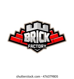 Vector image of shield in the style of the fortress of the word brick factory, a brick wall in the form of wings on a white background. illustration, background, image, banner, poster, symbol, badge