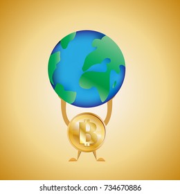 vector image of a shiny coin bitcoin with hands and feet that holds the planet Earth in its hands on a yellow radial gradient