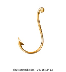 Vector image of shiny golden hook to catch anything isolated on the white background. One sharp pointed vector hook.