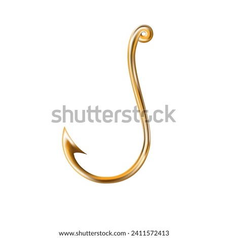 Vector image of shiny golden hook to catch anything isolated on the white background. One sharp pointed vector hook.