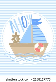 Imagen vectorial de un barco con la inscripción Ahoy en un fondo azul rayado. Ilustración sobre el tema del mar para un niño marinero. Plantilla de tarjeta de invitación para vacaciones, cumpleaños