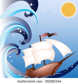 Vector image. A ship with sails on the waves 