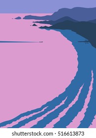 Vector image of the ship's boats setting the vessel in the port bay harbor. Rocky Bay, bight, Ocean Beach Sea. Pier with boats yachts. Pink sea, blue shadows, beach, purple rocks.