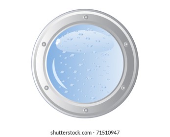 Vector image of the ship's porthole on a white wall. Behind him is visible water. Immersion in water. Isolated.