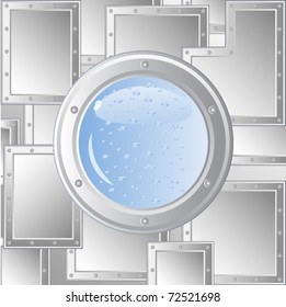 Vector image of the ship's porthole. The wall of metal plates fastened with rivets. Behind him is visible water. Immersion in water.