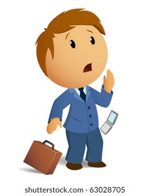 Vector image shocked businessman with throw case and cell phone
