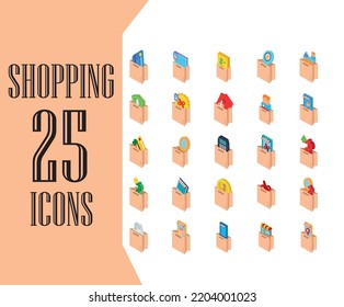 vector image. shopping icon set with yellow background.