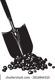 Vector image shovel digging a soil, close up image, sketch hand drawn style