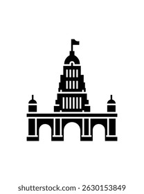 A vector image showcases a stark black silhouette of an old, domed government building, featuring archways and a flag atop the dome, set against a white background.