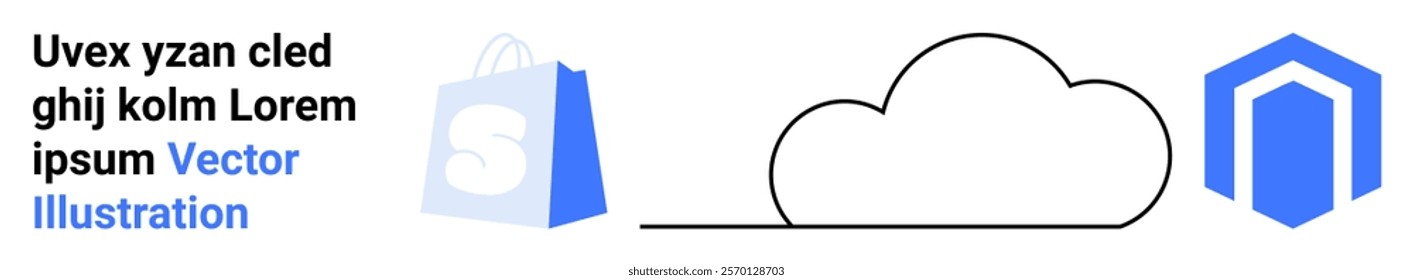 A vector image showcasing a cloud, an e-commerce platform shopping bag, and a network icon in blue. Ideal for cloud services, e-commerce, online shopping, digital marketing, and technology solutions