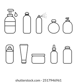 Vector image showcasing a collection of empty packaging bottles in various shapes, including shampoo, body wash, spray, perfume, sunscreen, powder, cream, and lotion, isolated on a white background