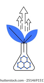 A vector image showcasing a laboratory flask containing a hexagonal structure, with blue leaves emerging from it and arrows pointing upward signifying growth. Themes include science, growth, nature, a