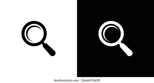 Vector image showing a simple magnifying glass icon, displayed in both black on white and white on black for contrast and versatile usage across platforms.