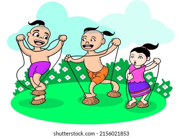 Vector image showing Thai children's play with equipment made from natural materials. is coconut shell to use to compete for balance