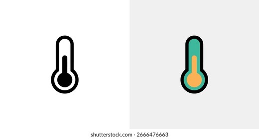 Vector image showing two thermometer icons. The left is a black outline on white, while the right has a turquoise body, orange fill and black outline.
