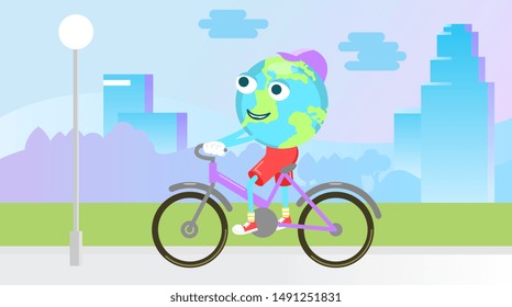 Vector image showing use of environmental bike transport on walk. Global warming
