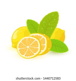 Vector image shows beautiful large yellow lemons and cut slice with green leaves cartoon isolated illustration