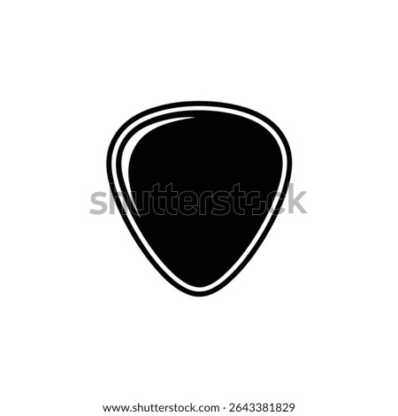 A vector image shows a close-up of a black guitar pick outlined by a thin white line, isolating it against a clean white background. Minimalistic, modern design.