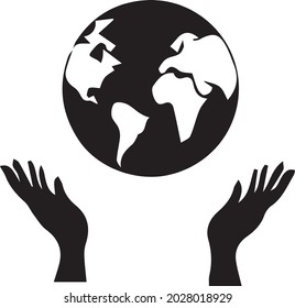 The vector image shows the earth, a hand holding the earth. Environmental protection, taking care of the land, tidying up the land.