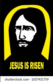 A vector image shows the face of Jesus Christ.  "Jesus Risen" means He defeated (won) death. The image can be used in the Easter week or for depicting the symbol of Christian hope