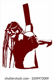 A vector image shows modern Jesus Christ with dreadlocks, who carries the cross to Golgotha. Also on the picture is the hand that touches Jesus. 