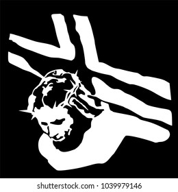 A vector image shows modern Jesus Christ, who carries the cross to Golgotha. The image can be used in the Easter week or for depicting the symbol of Christian hope