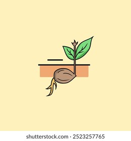 The vector image shows a seedling growing from a brown seed. The seedling has two green leaves, a stem, and a small root extending downward. The background includes a minimalistic depiction.