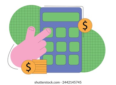 La imagen vectorial muestra a alguien calculando con una calculadora. Ilustra la gestión financiera y el cálculo de beneficios