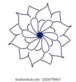 The vector image shows a symmetrical, minimalistic floral design in navy blue. The petals are layered, with larger pointed outer petals and smaller rounded inner petals, forming a delicate, balanced f