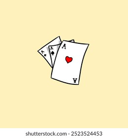 The vector image shows three playing cards on a light yellow background, featuring aces of clubs, spades, and hearts. The heart ace is prominently in front with a red heart symbol, and the other aces.