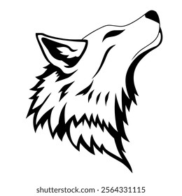 Vector image shows a wolf's head howling upward in a minimalist style. Bold black lines highlight the wolf's fur and features, creating a strong and striking design