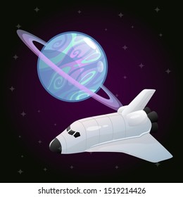 Vector image of a shuttle with massive planet with rings around it