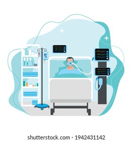 Vector image of a sick person lies in intensive care and is connected to the artificial respiration system. Medical technology and patient care illustration on abstract background